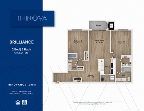 Floor plan for 2 beds, 2 baths, 1175 sqft